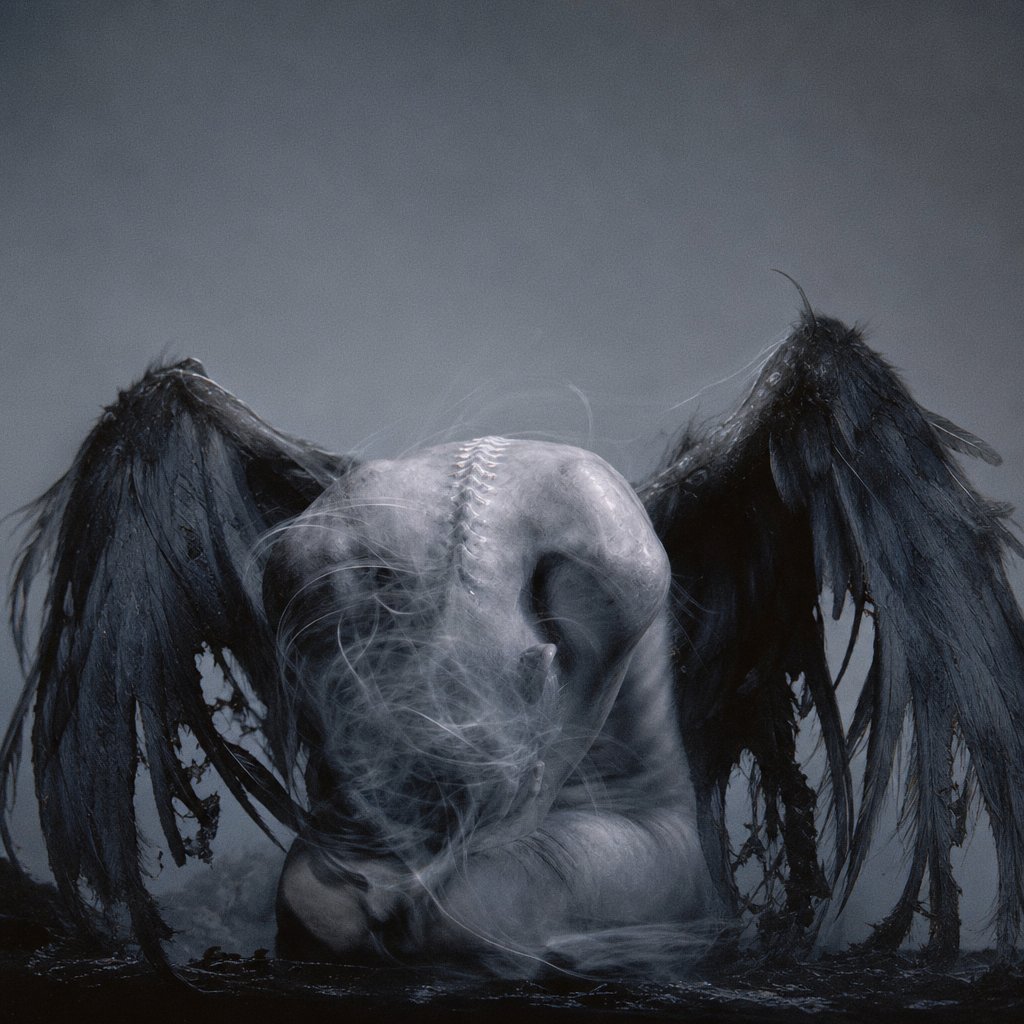 Broken Angels album cover: a fallen winged figure